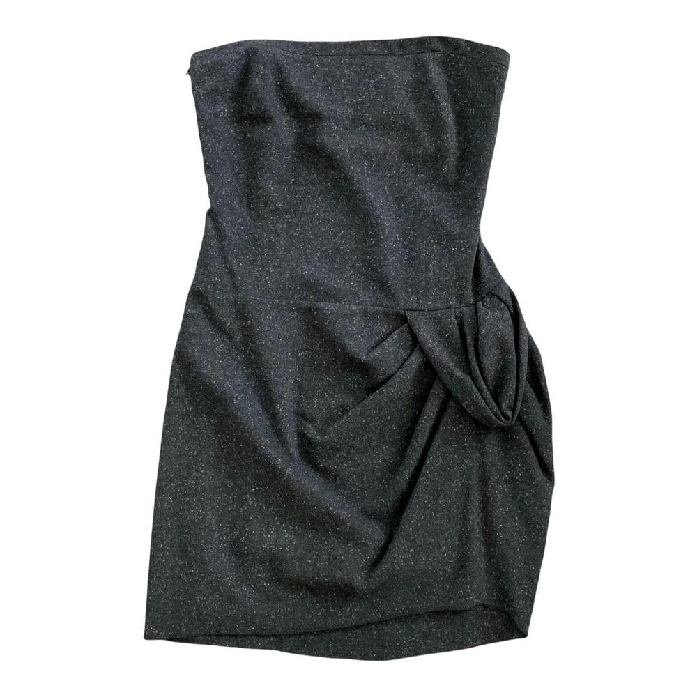 2b. Rych Womens Dress Tulip Sheath Black Tweed Wool Strapless Ruched Mini 10 - Picture 2 of 13